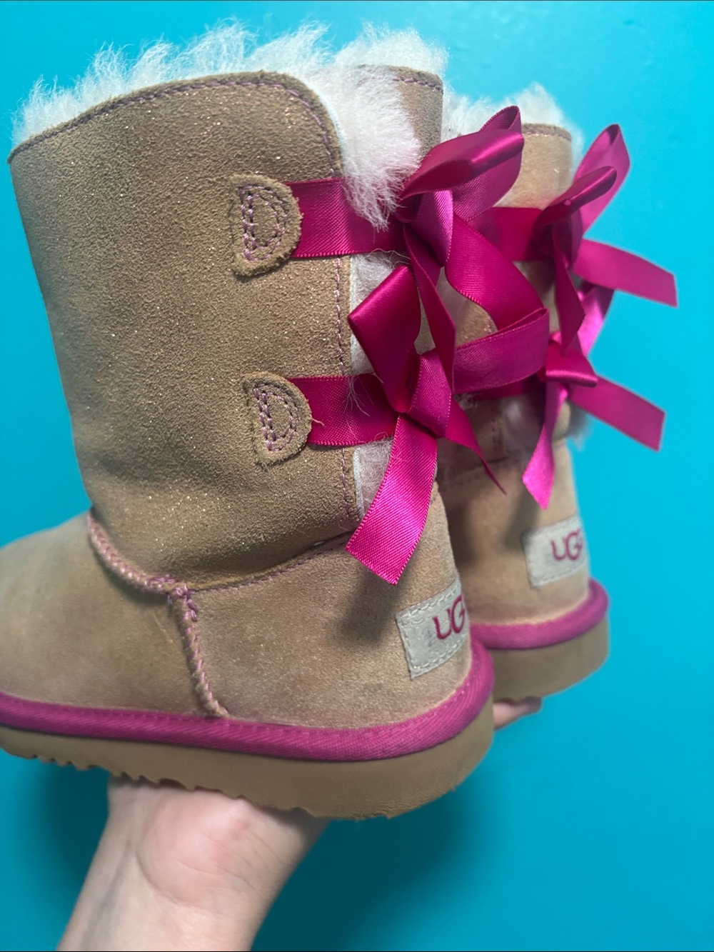 UGG Kids Tan Suede Boots with Pink Accents and Bows - Picture 4 of 8